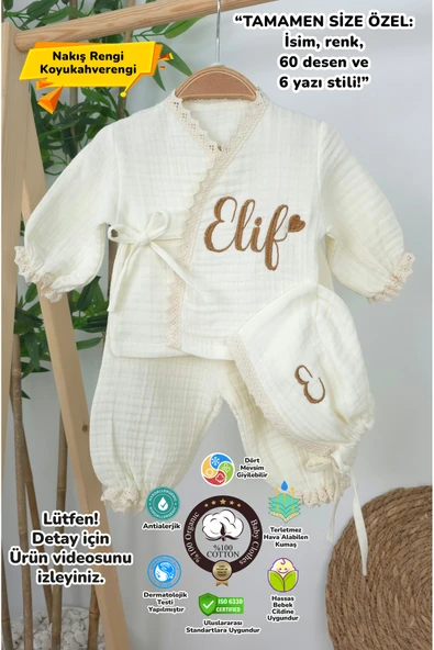 gros shop Müslin Yeni Doğan 4Katlı Organik %100Pamuk Kişiye Özgü Nakışlı Hastane Çıkış Seti (Kalpli Model-8) ürün görseli