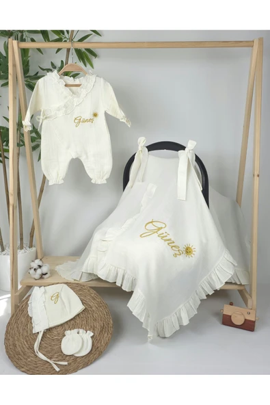 gros shop Müslin Yeni Doğan 4katlı Organik %100pamuk Kişiye Özgü Nakışlı Hastane Çıkış Seti (güneş Model-2) - Resim 2