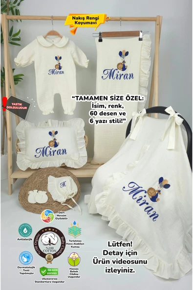 gros shop Müslin Yeni Doğan 4Katlı Organik %100Pamuk Kişiye Özgü Nakışlı Hastane Çıkış Seti (Balonlu Aslan-4) ürün görseli