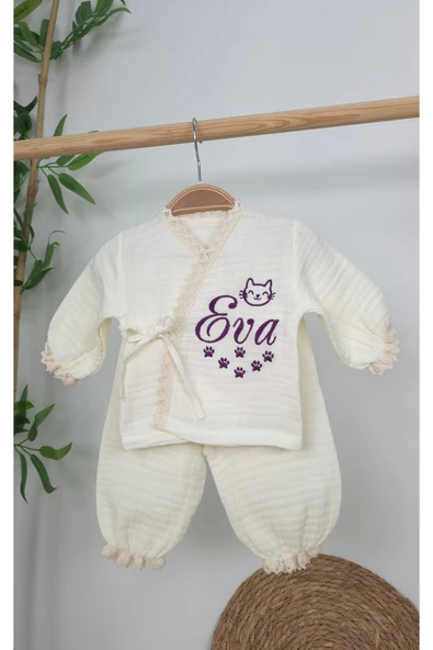 gros shop Müslin Yeni Doğan 4Katlı Organik %100Pamuk Kişiye Özgü Nakışlı Hastane Çıkış Seti (Pati Model-2) - Resim 2