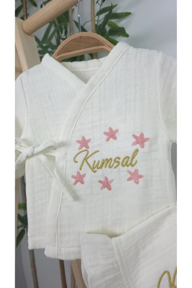 gros shop Müslin Yeni Doğan 4Katlı Organik %100Pamuk Kişiye Özgü Nakışlı Hastane Çıkış Seti(Okyanus Model-2) - Resim 3