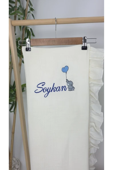 gros shop Müslin Yeni Doğan 4Katlı Organik %100Pamuk Kişiye Özgü Nakışlı Hastane Çıkış Seti (Filli Model-2) - Resim 4