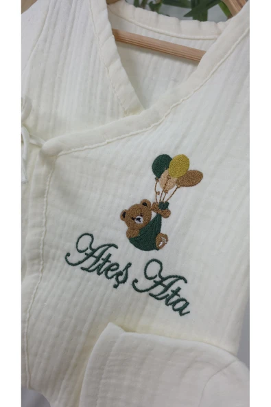 gros shop Müslin Yeni Doğan 4Katlı Organik %100Pamuk Kişiye Özgü Nakışlı Hastane Çıkış Seti-Yeşil Ayıcık Balon - Resim 4