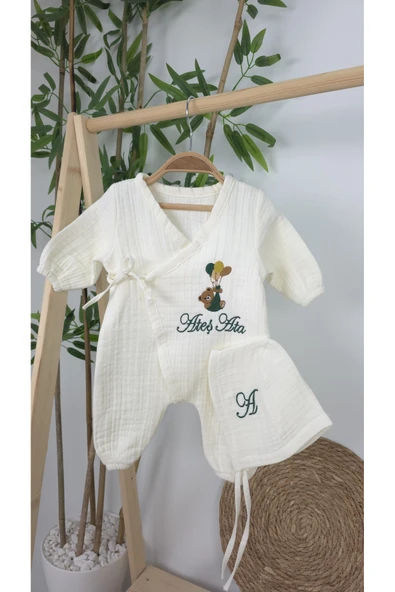 gros shop Müslin Yeni Doğan 4Katlı Organik %100Pamuk Kişiye Özgü Nakışlı Hastane Çıkış Seti-Yeşil Ayıcık Balon - Resim 2