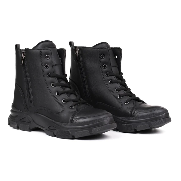 Kadın Siyah Çift Fermuarlı Postal Bot – Kalın Taban Bağcıklı Rahat Günlük Şık ve Dayanıklı ürün görseli 1