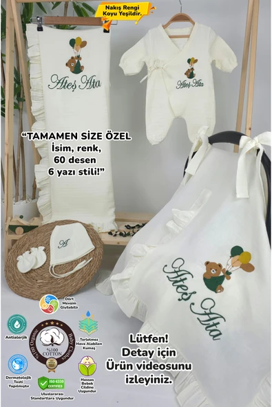 gros shop Müslin Yeni Doğan 4Katlı Organik %100Pamuk Kişiye Özgü Nakışlı Hastane Çıkış Seti-Yeşil Ayıcık Balon ürün görseli