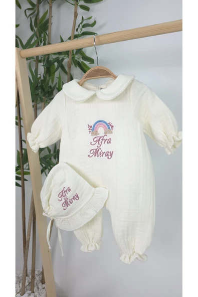 gros shop Müslin Yeni Doğan 4 Katlı Organik %100Pamuk Kişiye Özgü Nakışlı Hastane Çıkış Seti-Pudra Gökkuşağı - 2