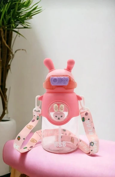 Kaliteli Astronot Tavşan Figürlü Matara Etiket Hediyeli Okul Çocuk Suluğu Pipetli 750ml PEMBE RENK