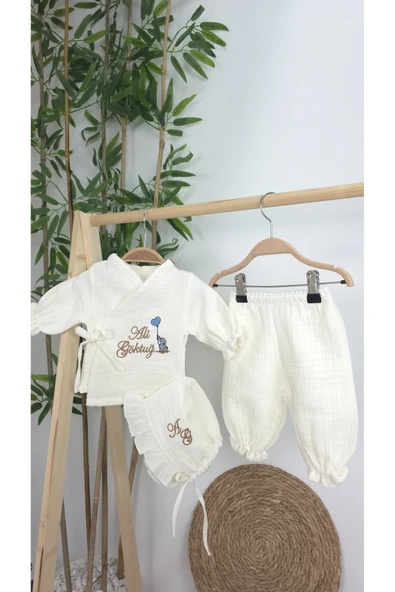 gros shop Müslin Yeni Doğan 4Katlı Organik %100Pamuk Kişiye Özgü Nakışlı Hastane Çıkış Seti-Kahverengi-Filli - Resim 3