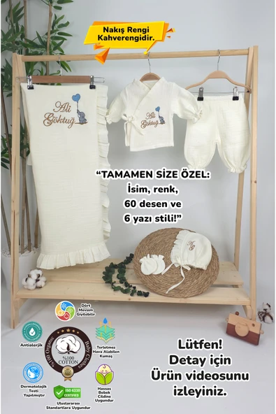 gros shop Müslin Yeni Doğan 4Katlı Organik %100Pamuk Kişiye Özgü Nakışlı Hastane Çıkış Seti-Kahverengi-Filli - Resim 2