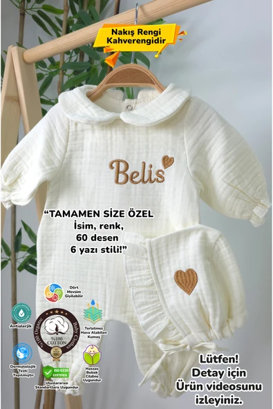 gros shop Müslin Yeni Doğan 4Katlı Organik %100Pamuk Kişiye Özgü Nakışlı Hastane Çıkış Seti-Kahverengi Kalpli - 1