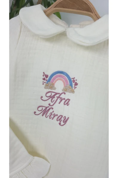 gros shop Müslin Yeni Doğan 4 Katlı Organik %100Pamuk Kişiye Özgü Nakışlı Hastane Çıkış Seti-Pudra Gökkuşağı - 3