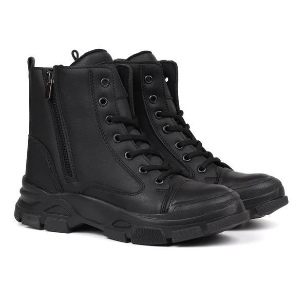 Kadın Siyah Çift Fermuarlı Postal Bot – Kalın Taban Bağcıklı Rahat Günlük Şık ve Dayanıklı - Resim 14