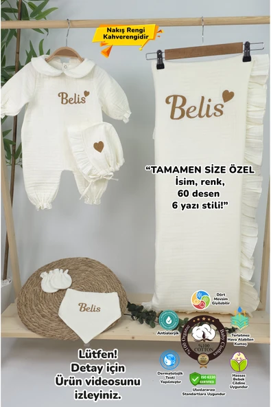 gros shop Müslin Yeni Doğan 4Katlı Organik %100Pamuk Kişiye Özgü Nakışlı Hastane Çıkış Seti-Kahverengi Kalpli ürün görseli