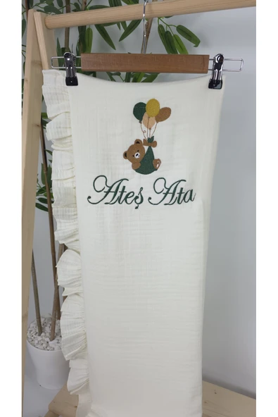 gros shop Müslin Yeni Doğan 4Katlı Organik %100Pamuk Kişiye Özgü Nakışlı Hastane Çıkış Seti-Yeşil Ayıcık Balon - Resim 3