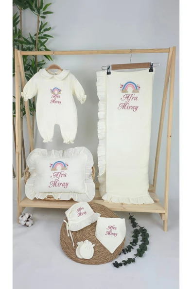 gros shop Müslin Yeni Doğan 4 Katlı Organik %100Pamuk Kişiye Özgü Nakışlı Hastane Çıkış Seti-Pudra Gökkuşağı - Resim 2