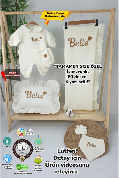 gros shop Müslin Yeni Doğan 4Katlı Organik %100Pamuk Kişiye Özgü Nakışlı Hastane Çıkış Seti-Kahverengi Kalpli ürün görseli