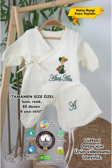 gros shop Müslin Yeni Doğan 4Katlı Organik %100Pamuk Kişiye Özgü Nakışlı Hastane Çıkış Seti-Yeşil Ayıcık Balon ürün görseli