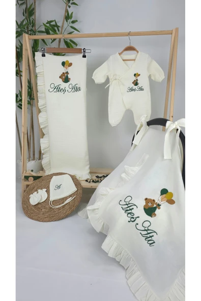 gros shop Müslin Yeni Doğan 4Katlı Organik %100Pamuk Kişiye Özgü Nakışlı Hastane Çıkış Seti-Yeşil Ayıcık Balon - Resim 2