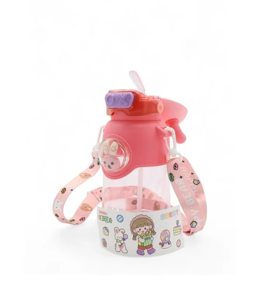 Kaliteli Astronot Tavşan Figürlü Matara Etiket Hediyeli Okul Çocuk Suluğu Pipetli 750ml PEMBE RENK - 3