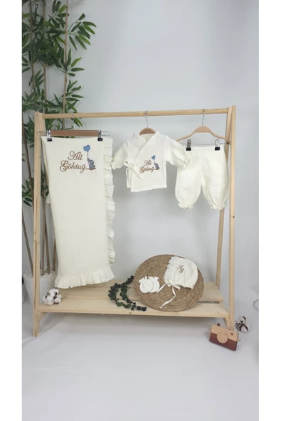 gros shop Müslin Yeni Doğan 4Katlı Organik %100Pamuk Kişiye Özgü Nakışlı Hastane Çıkış Seti-Kahverengi-Filli ürün görseli