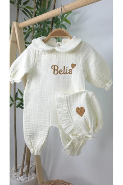 gros shop Müslin Yeni Doğan 4Katlı Organik %100Pamuk Kişiye Özgü Nakışlı Hastane Çıkış Seti-Kahverengi Kalpli - Resim 4
