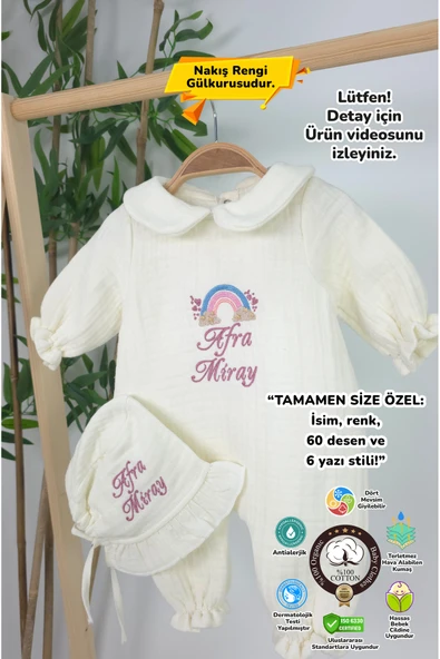 gros shop Müslin Yeni Doğan 4 Katlı Organik %100Pamuk Kişiye Özgü Nakışlı Hastane Çıkış Seti-Pudra Gökkuşağı - 1