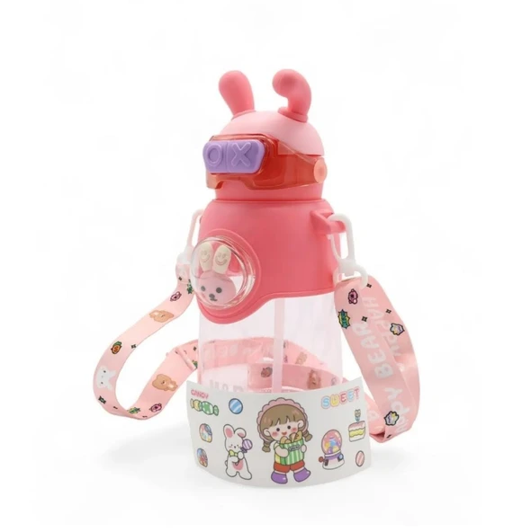 Kaliteli Astronot Tavşan Figürlü Matara Etiket Hediyeli Okul Çocuk Suluğu Pipetli 750ml PEMBE RENK - 2