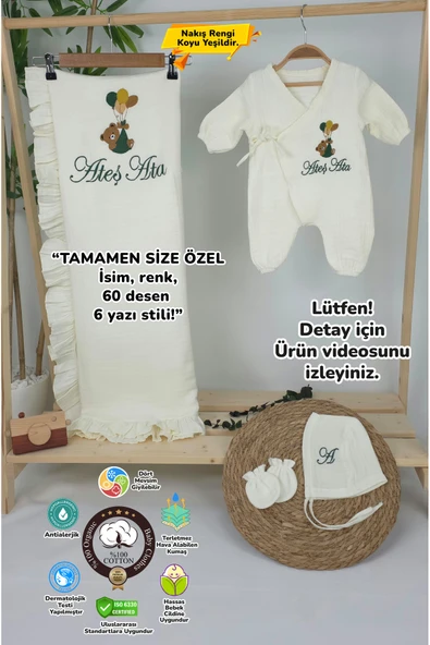gros shop Müslin Yeni Doğan 4Katlı Organik %100Pamuk Kişiye Özgü Nakışlı Hastane Çıkış Seti-Yeşil Ayıcık Balon - 4