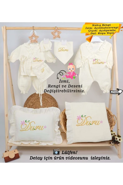 gros shop Yeni Doğan %100 Doğal 4Katlı Müslin Hastane Çıkış Mevlüt Seti (Kişiye Özgü İsimli Nakış Desenli) ürün görseli