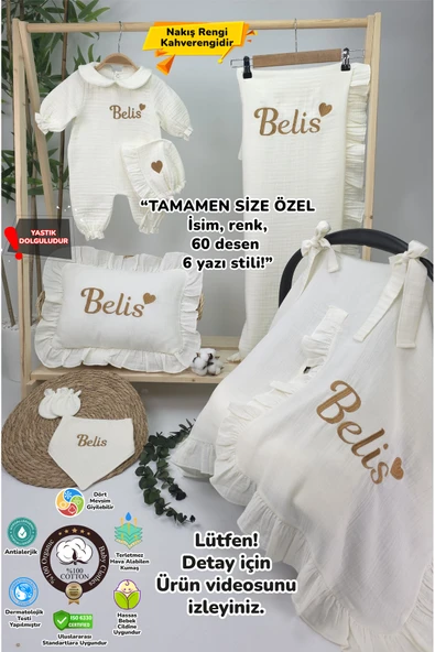 gros shop Müslin Yeni Doğan 4Katlı Organik %100Pamuk Kişiye Özgü Nakışlı Hastane Çıkış Seti-Kahverengi Kalpli - 1
