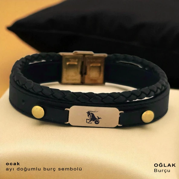 14 Ayar Altın Plakalı Burca Özel Oval Motifli Hakiki Siyah Derili Hediye Bileklik-563 ürün görseli