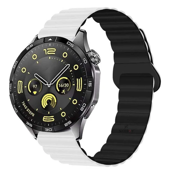 Sneezy Huawei Watch GT4 46mm İle Uyumlu 22mm Harmony Duo Magnetik Silikon Kordon  Beyaz - Siyah ürün görseli