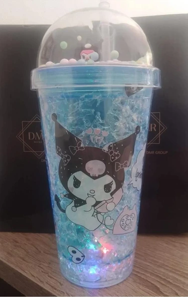 HEDİYELİK IŞIKLI BARDAK MATARA PİPETLİ ÇİFT KATMANLI MAVİ RENK - 2