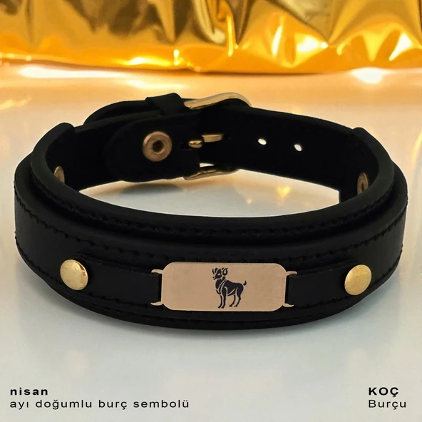 14 Ayar Altın Plakalı Burca Özel Hakiki Siyah Derili Oval Figürlü Hediye Bileklik-564 ürün görseli