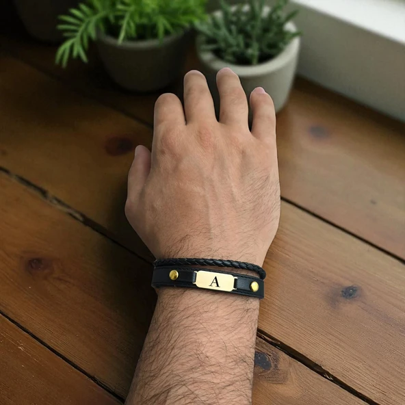 14 Ayar Altın Plakalı Harfe Özel Oval Motifli Hakiki Siyah Derili Hediye Bileklik-563 - Resim 3