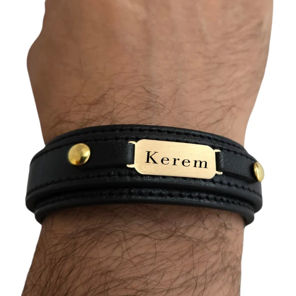 14 Ayar Altın Plakalı İsme Özel Oval Figürlü Hakiki Siyah Derili Hediye Bileklik-564 - Resim 3