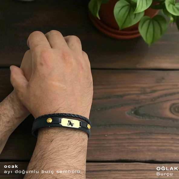 14 Ayar Altın Plakalı Burca Özel Oval Motifli Hakiki Siyah Derili Hediye Bileklik-563 - Resim 2