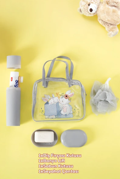 Porsima 3145 Tavşan Figürlü Seyahat Seti - Diş Fırçası Kutusu Banyo Lifi Sabun Kutusu Seyahat Çantası Gri - 2
