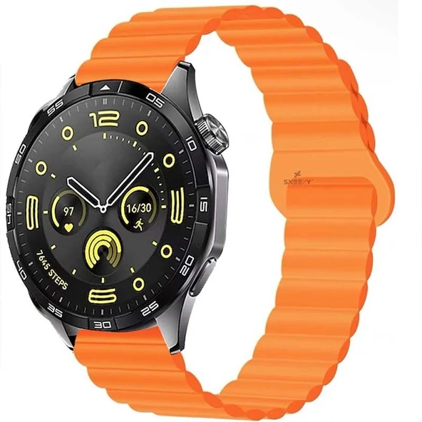 Sneezy Huawei Watch GT4 46mm İle Uyumlu 22mm Harmony Duo Magnetik Silikon Kordon Turuncu