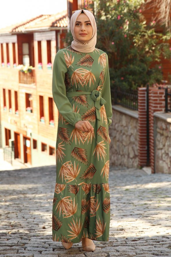 Yaprak Desenli Tesettür Elbise - Haki