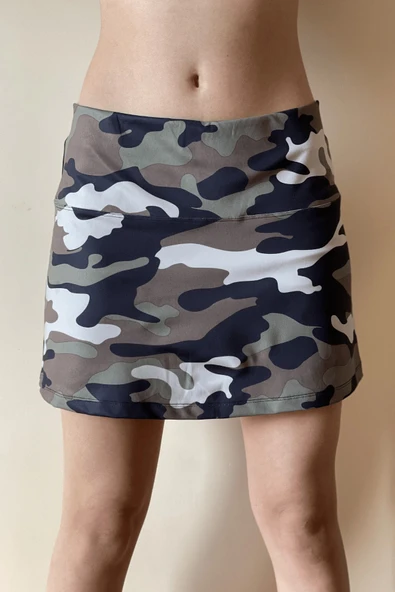 FITCLOCKS Kadın Haki Yeşil Kamuflaj Desenli Spor Ve Günlük Kullanım Mini Tenis Şort Etek - Resim 3