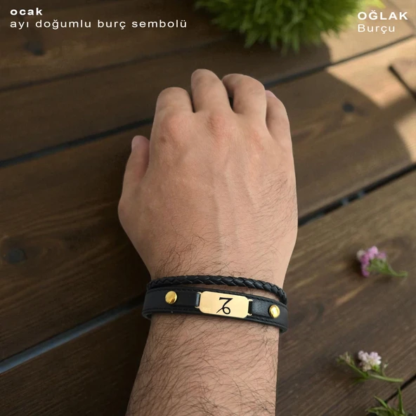 14 Ayar Altın Plakalı Doğum Ayına Özel Oval Motifli Hakiki Siyah Derili Hediye Bileklik-563 - Resim 3