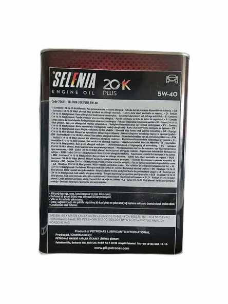 Selenia 20 K Plus 5W 40 Tam Sentetik Motor Yağı 3,2 L Euro 4 Motorlu Araçlar İçin - Resim 2