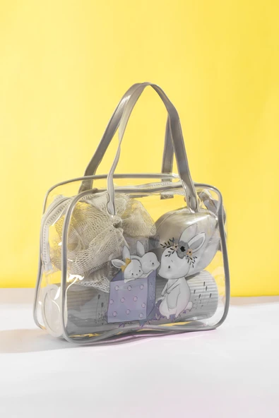 Porsima 3145 Tavşan Figürlü Seyahat Seti - Diş Fırçası Kutusu Banyo Lifi Sabun Kutusu Seyahat Çantası Gri - 3