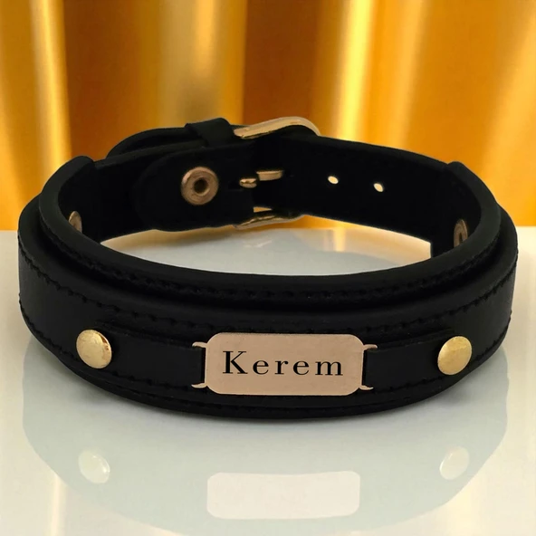 14 Ayar Altın Plakalı İsme Özel Oval Figürlü Hakiki Siyah Derili Hediye Bileklik-564 ürün görseli