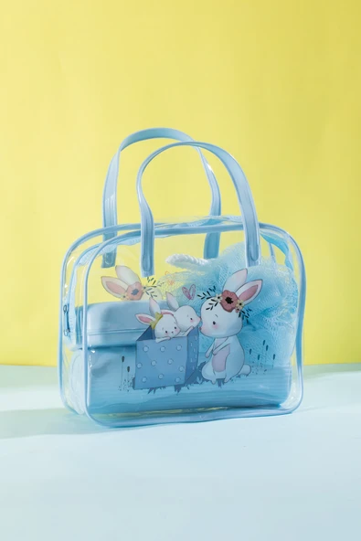 Porsima 3144 Tavşan Figürlü Seyahat Seti - Diş Fırçası Kutusu Banyo Lifi Sabun Kutusu Seyahat Çantası Mavi - 3