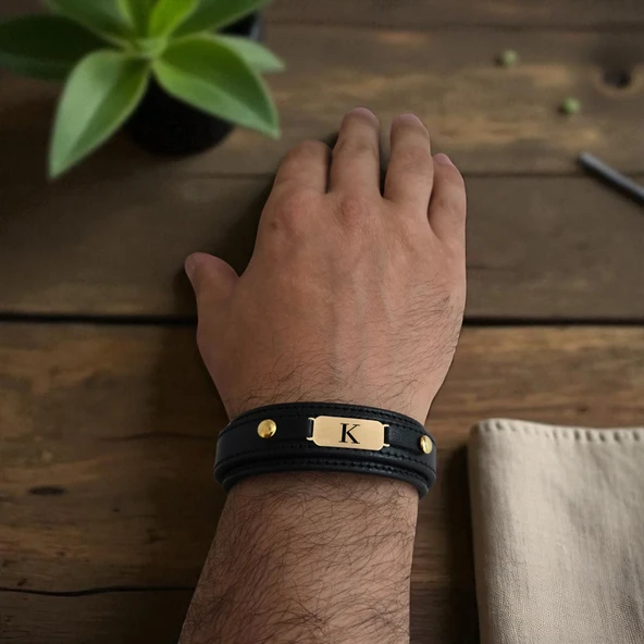 14 Ayar Altın Plakalı Harfe Özel Hakiki Siyah Derili Oval Figürlü Hediye Bileklik-564 - Resim 2