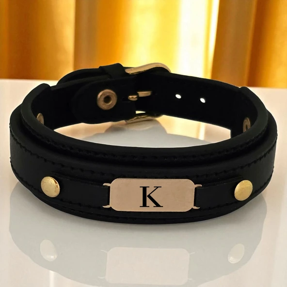 14 Ayar Altın Plakalı Harfe Özel Hakiki Siyah Derili Oval Figürlü Hediye Bileklik-564 ürün görseli