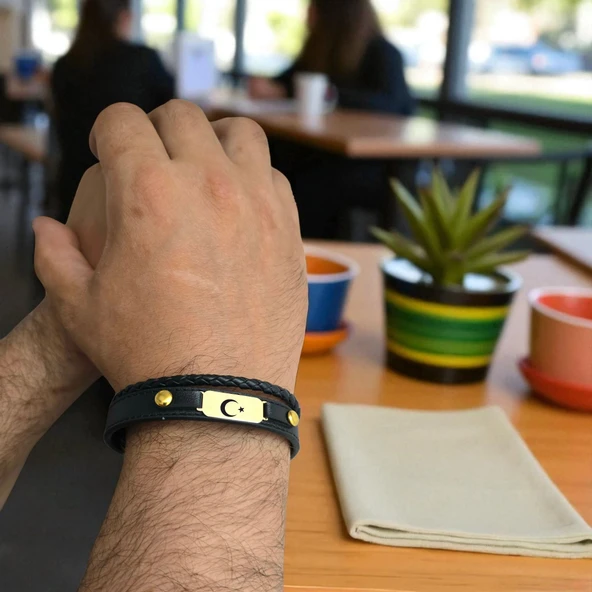 14 Ayar Altın Plakalı Sembole Özel Hakiki Siyah Derili Oval Motifli Hediye Bileklik-563 - Resim 2